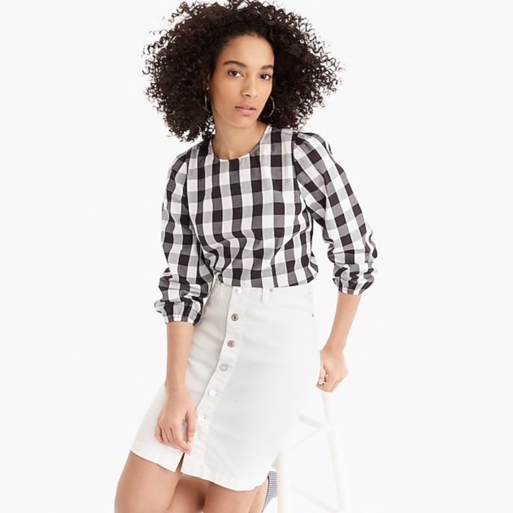 NWT J. Crew Long Sleeve Gingham Top Women's Size 6 Black White Check Cottagecore